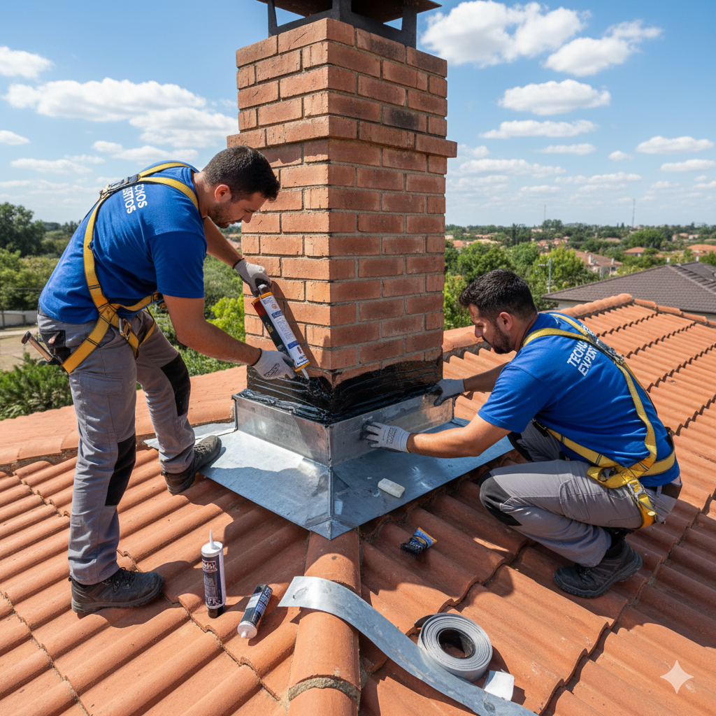 Reparación de una gotera en el sellado alrededor de una chimenea